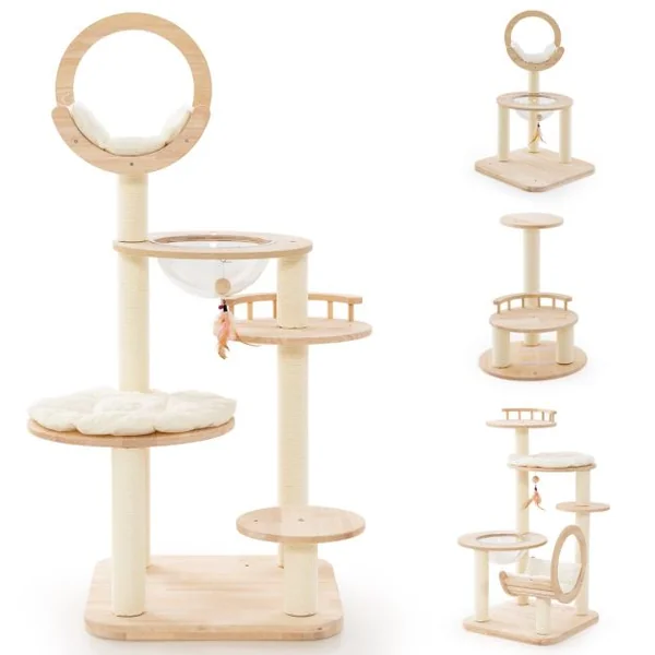 Arbre à Chat 146 cm en Blocs de Construction Tour à Chat en Bois Chêne 4 en 1 avec Condo & hublot Griffoir en Sisal Plateforme Rembourrée