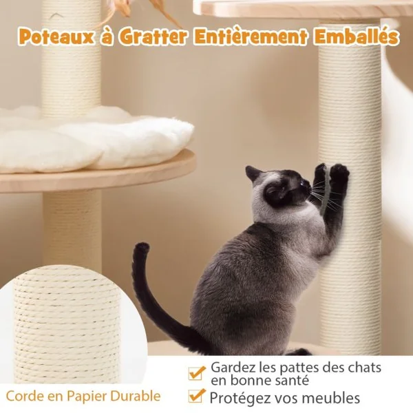 Arbre à Chat 146 cm en Blocs de Construction Tour à Chat en Bois Chêne 4 en 1 avec Condo & hublot Griffoir en Sisal Plateforme Rembourrée