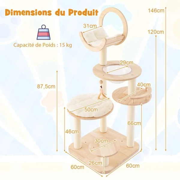 Arbre à Chat 146 cm en Blocs de Construction Tour à Chat en Bois Chêne 4 en 1 avec Condo & hublot Griffoir en Sisal Plateforme Rembourrée