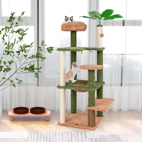 Arbre à Chat 152 cm à Plusieurs Niveaux Poteaux à Gratter Corde en Sisal Perchoir en Peluche Jouet Suspendu Vert