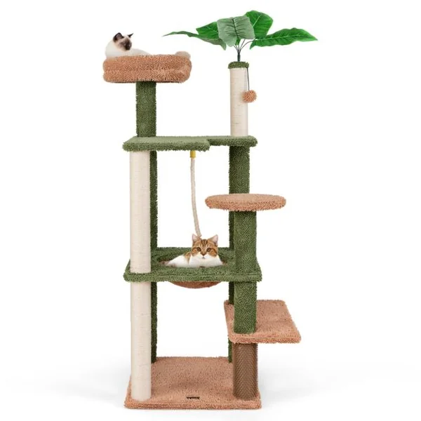 Arbre à Chat 152 cm à Plusieurs Niveaux Poteaux à Gratter Corde en Sisal Perchoir en Peluche Jouet Suspendu Vert