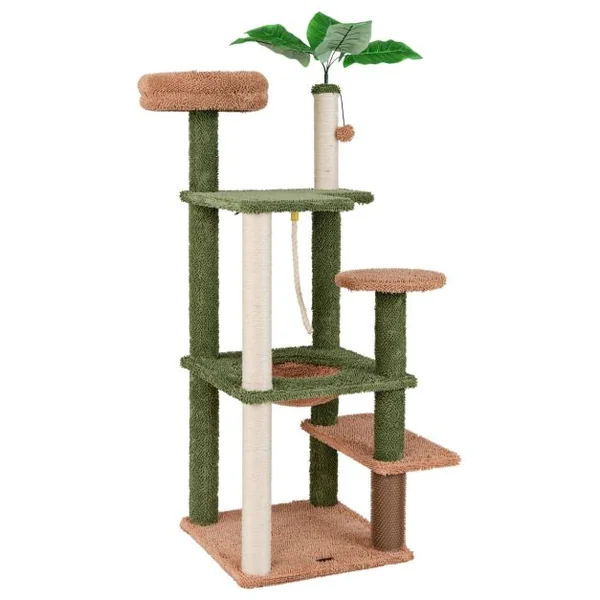 Arbre à Chat 152 cm à Plusieurs Niveaux Poteaux à Gratter Corde en Sisal Perchoir en Peluche Jouet Suspendu Vert