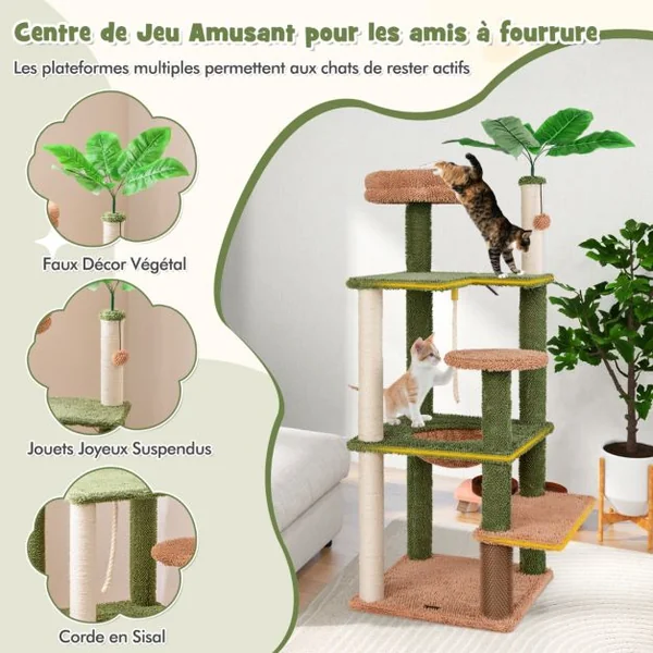 Arbre à Chat 152 cm à Plusieurs Niveaux Poteaux à Gratter Corde en Sisal Perchoir en Peluche Jouet Suspendu Vert