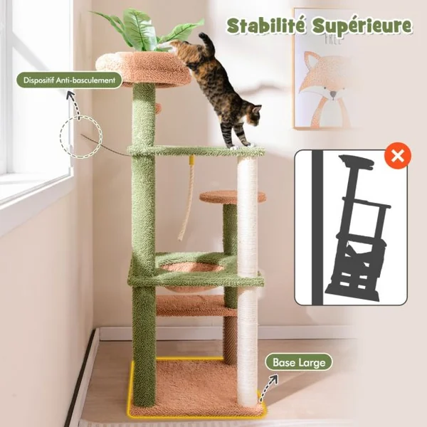 Arbre à Chat 152 cm à Plusieurs Niveaux Poteaux à Gratter Corde en Sisal Perchoir en Peluche Jouet Suspendu Vert