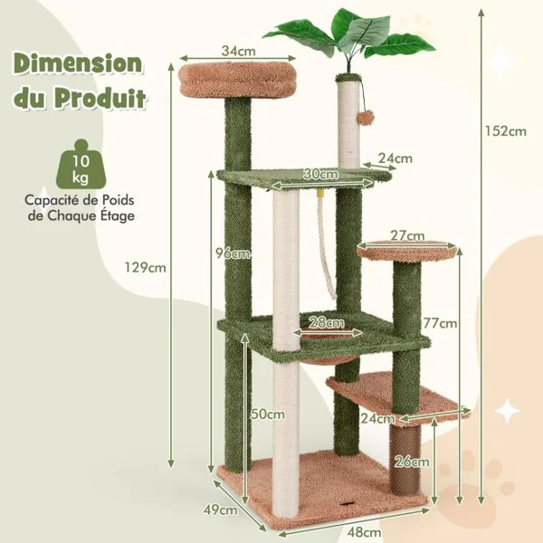 Arbre à Chat 152 cm à Plusieurs Niveaux Poteaux à Gratter Corde en Sisal Perchoir en Peluche Jouet Suspendu Vert