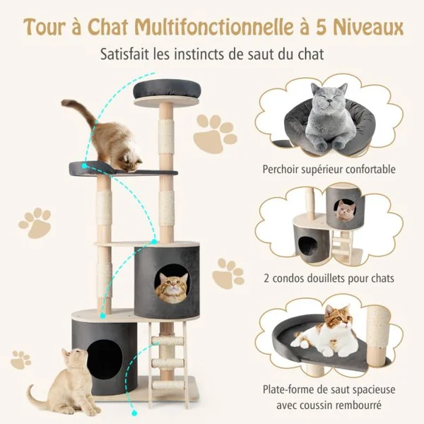 Arbre à Chat 160 CM avec Échelle en Sisal et Coussin Amovible Centre d'Activités pour Chat avec 2 Condos Confortables Gris