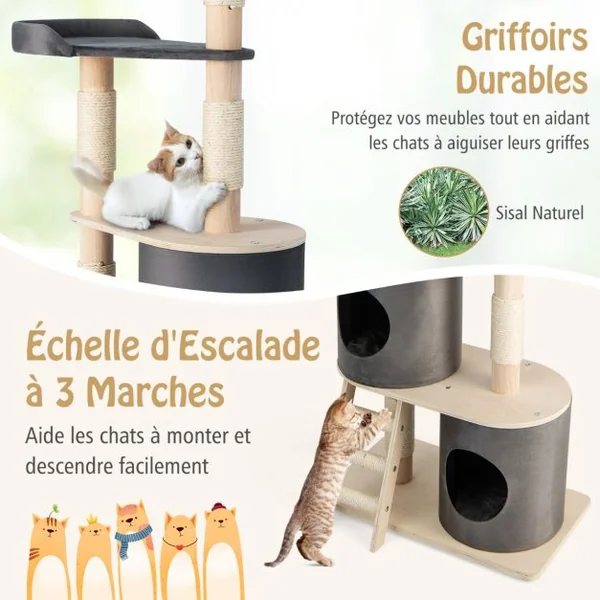 Arbre à Chat 160 CM avec Échelle en Sisal et Coussin Amovible Centre d'Activités pour Chat avec 2 Condos Confortables Gris