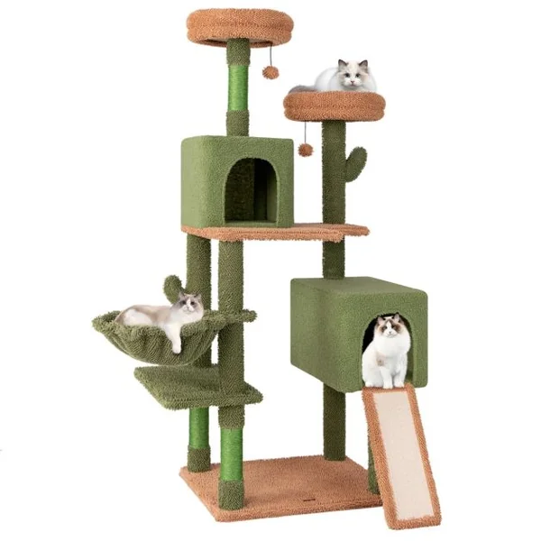 Arbre à Chat 160cm à Plusieurs Niveaux Poteaux à Gratter et Echelle en Sisal 2 Condos Perchoirs Rembourrés Jouets Suspendus Panier Vert