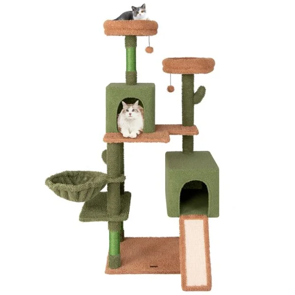 Arbre à Chat 160cm à Plusieurs Niveaux Poteaux à Gratter et Echelle en Sisal 2 Condos Perchoirs Rembourrés Jouets Suspendus Panier Vert
