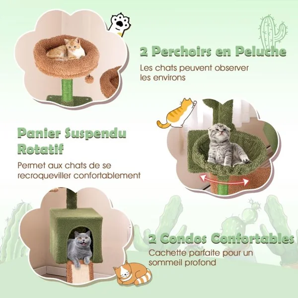 Arbre à Chat 160cm à Plusieurs Niveaux Poteaux à Gratter et Echelle en Sisal 2 Condos Perchoirs Rembourrés Jouets Suspendus Panier Vert