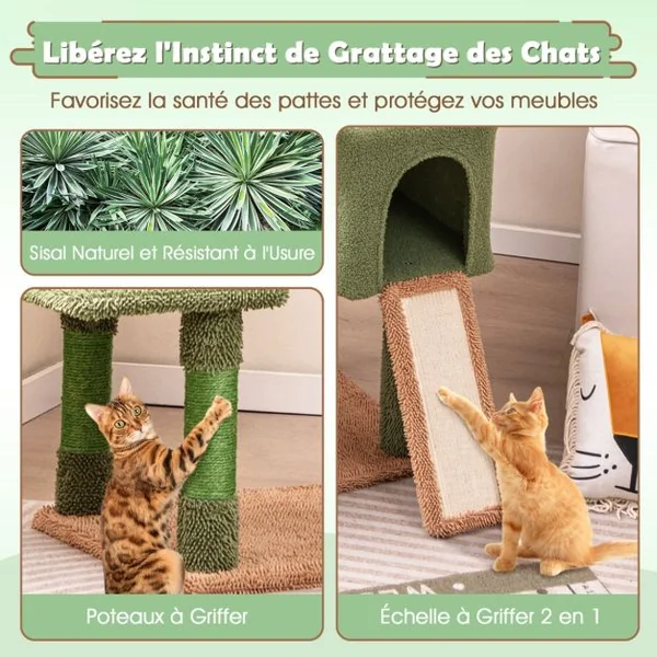 Arbre à Chat 160cm à Plusieurs Niveaux Poteaux à Gratter et Echelle en Sisal 2 Condos Perchoirs Rembourrés Jouets Suspendus Panier Vert