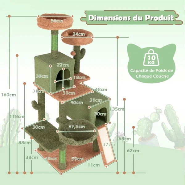 Arbre à Chat 160cm à Plusieurs Niveaux Poteaux à Gratter et Echelle en Sisal 2 Condos Perchoirs Rembourrés Jouets Suspendus Panier Vert