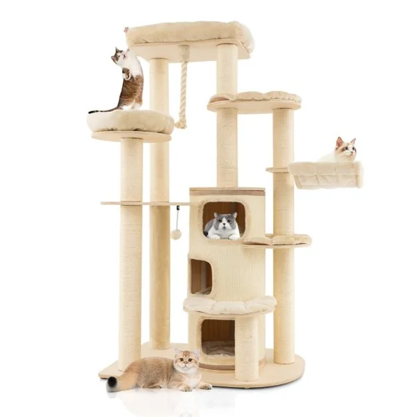 Arbre à Chat 173CM 3 Condos 2 Perchoirs Hamac Tour à chat Griffoir Poteaux sisal boule à ressort Beige