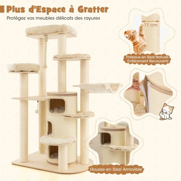 Arbre à Chat 173CM 3 Condos 2 Perchoirs Hamac Tour à chat Griffoir Poteaux sisal boule à ressort Beige