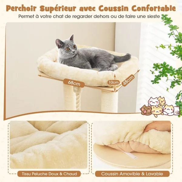 Arbre à Chat 173CM 3 Condos 2 Perchoirs Hamac Tour à chat Griffoir Poteaux sisal boule à ressort Beige