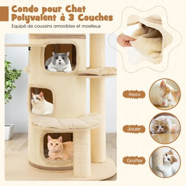 Arbre à Chat 173CM 3 Condos 2 Perchoirs Hamac Tour à chat Griffoir Poteaux sisal boule à ressort Beige