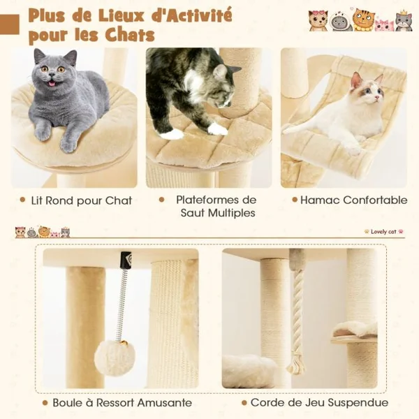 Arbre à Chat 173CM 3 Condos 2 Perchoirs Hamac Tour à chat Griffoir Poteaux sisal boule à ressort Beige