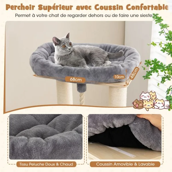 Arbre à Chat 173CM 3 Condos 2 Perchoirs Hamac Tour à chat Griffoir Poteaux sisal boule à ressort Gris