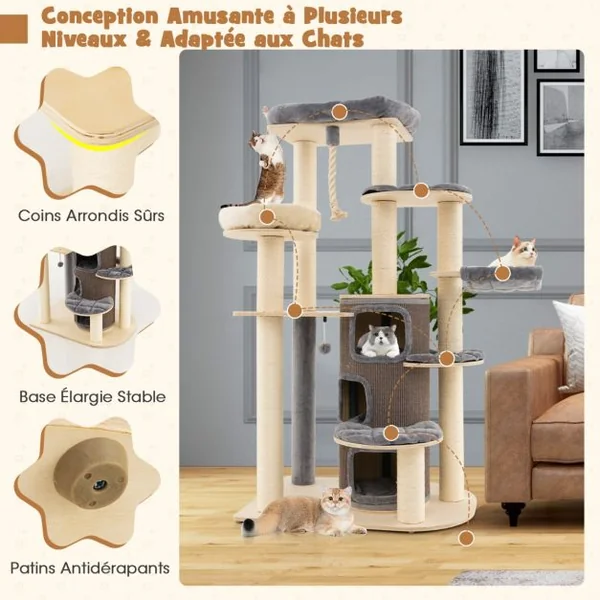 Arbre à Chat 173CM 3 Condos 2 Perchoirs Hamac Tour à chat Griffoir Poteaux sisal boule à ressort Gris