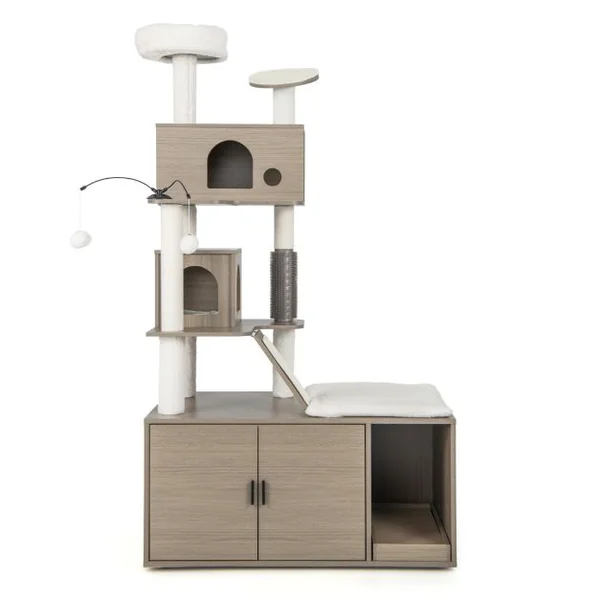 Arbre à Chat 173CM Maison de Toilette pour Chat à 2 Porte Coussin Amovible Griffoir Rampe Condo Perchoir Supérieur Gris