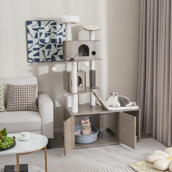Arbre à Chat 173CM Maison de Toilette pour Chat à 2 Porte Coussin Amovible Griffoir Rampe Condo Perchoir Supérieur Gris
