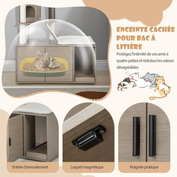 Arbre à Chat 173CM Maison de Toilette pour Chat à 2 Porte Coussin Amovible Griffoir Rampe Condo Perchoir Supérieur Gris