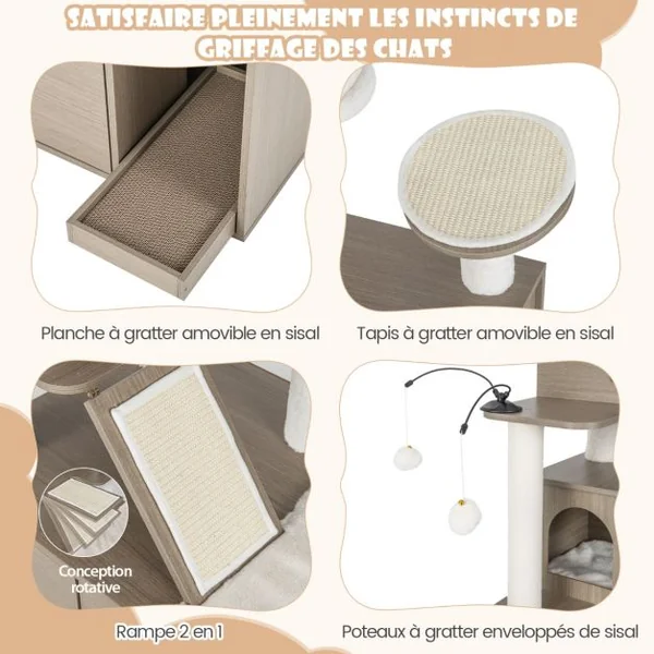 Arbre à Chat 173CM Maison de Toilette pour Chat à 2 Porte Coussin Amovible Griffoir Rampe Condo Perchoir Supérieur Gris