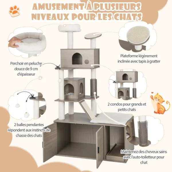 Arbre à Chat 173CM Maison de Toilette pour Chat à 2 Porte Coussin Amovible Griffoir Rampe Condo Perchoir Supérieur Gris