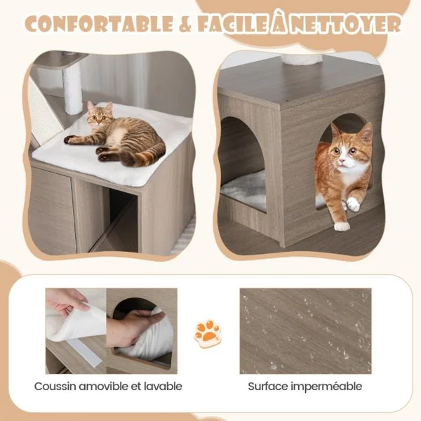 Arbre à Chat 173CM Maison de Toilette pour Chat à 2 Porte Coussin Amovible Griffoir Rampe Condo Perchoir Supérieur Gris