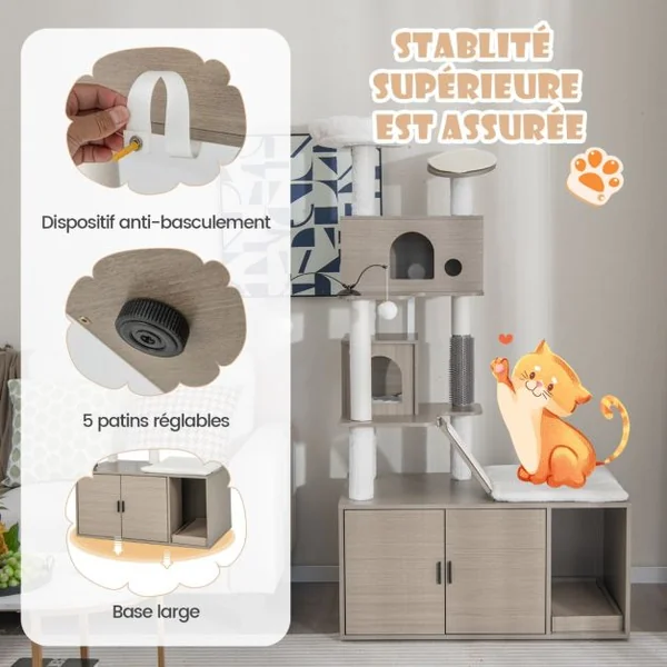 Arbre à Chat 173CM Maison de Toilette pour Chat à 2 Porte Coussin Amovible Griffoir Rampe Condo Perchoir Supérieur Gris