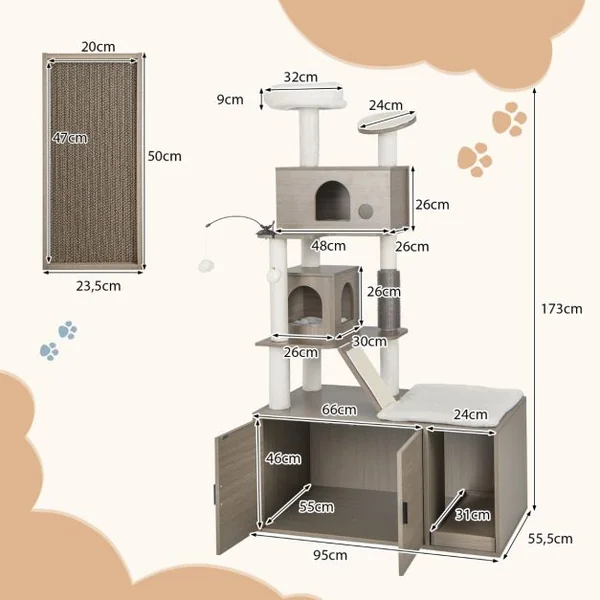 Arbre à Chat 173CM Maison de Toilette pour Chat à 2 Porte Coussin Amovible Griffoir Rampe Condo Perchoir Supérieur Gris