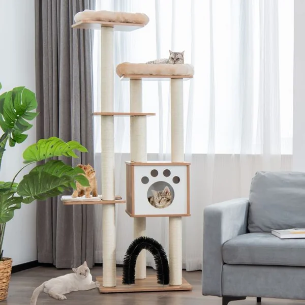 Arbre à Chat 175CM à 6 Niveaux avec Niche et Coussin Amovible Grande Tour de Jeu pour Chat avec Poteaux en Sisal Beige