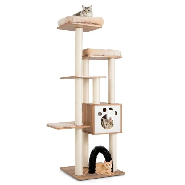 Arbre à Chat 175CM à 6 Niveaux avec Niche et Coussin Amovible Grande Tour de Jeu pour Chat avec Poteaux en Sisal Beige