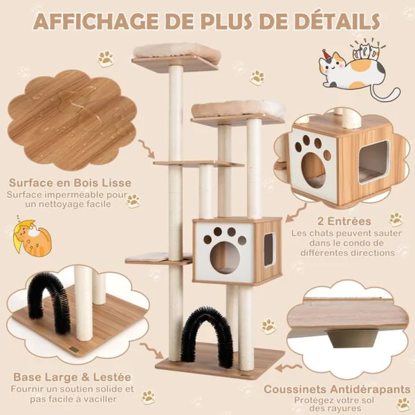 Arbre à Chat 175CM à 6 Niveaux avec Niche et Coussin Amovible Grande Tour de Jeu pour Chat avec Poteaux en Sisal Beige