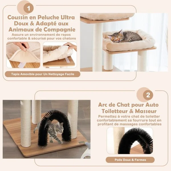 Arbre à Chat 175CM à 6 Niveaux avec Niche et Coussin Amovible Grande Tour de Jeu pour Chat avec Poteaux en Sisal Beige