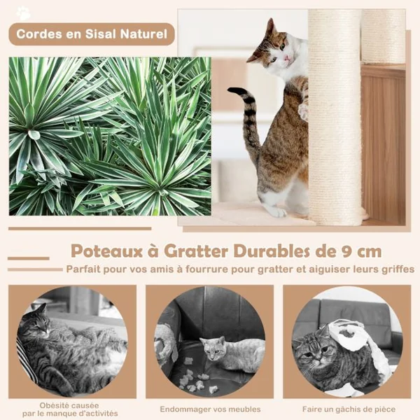 Arbre à Chat 175CM à 6 Niveaux avec Niche et Coussin Amovible Grande Tour de Jeu pour Chat avec Poteaux en Sisal Beige