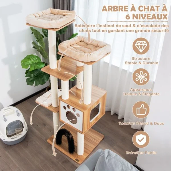 Arbre à Chat 175CM à 6 Niveaux avec Niche et Coussin Amovible Grande Tour de Jeu pour Chat avec Poteaux en Sisal Beige