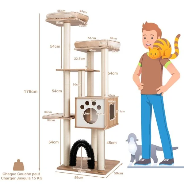 Arbre à Chat 175CM à 6 Niveaux avec Niche et Coussin Amovible Grande Tour de Jeu pour Chat avec Poteaux en Sisal Beige