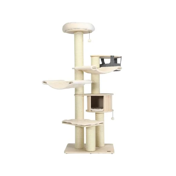 Arbre à Chat 197CM avec 2 Hamac Perchoir Poteaux à Griffer et Niche Tour de Jeux pour Chats avec 2 Pompon Suspendu Beige