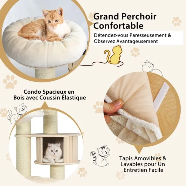 Arbre à Chat 197CM avec 2 Hamac Perchoir Poteaux à Griffer et Niche Tour de Jeux pour Chats avec 2 Pompon Suspendu Beige