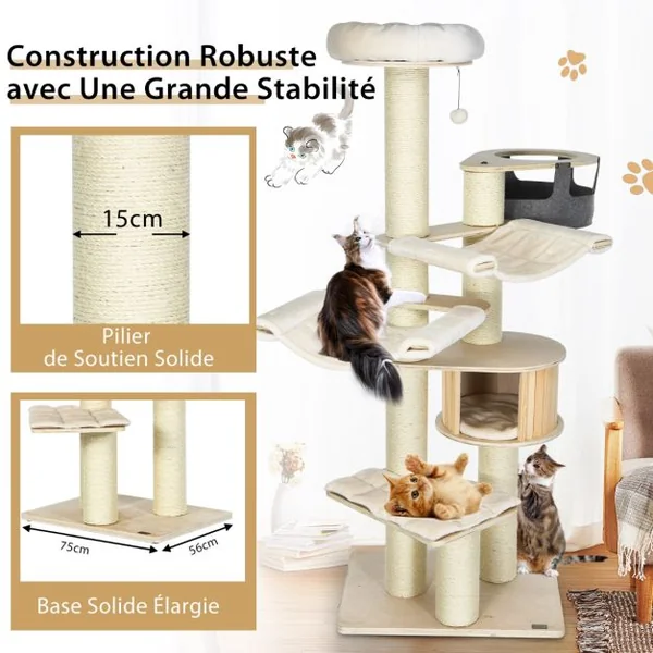 Arbre à Chat 197CM avec 2 Hamac Perchoir Poteaux à Griffer et Niche Tour de Jeux pour Chats avec 2 Pompon Suspendu Beige