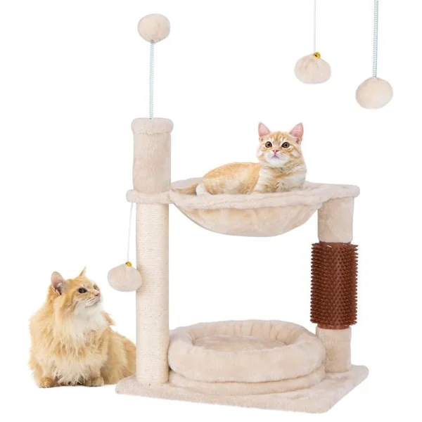 Arbre à Chat 2 Niveaux avec Hamac Doux Lit Douillet en Peluche Balles Suspendues Boule à Ressort Poteau à Griffer en Sisal Auto-brosseur