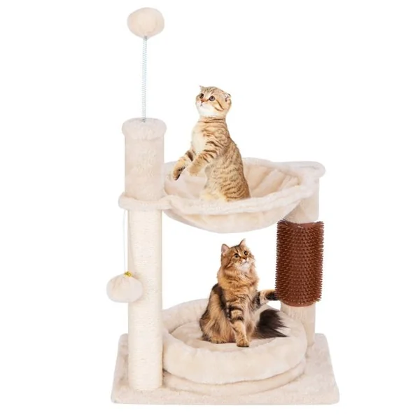 Arbre à Chat 2 Niveaux avec Hamac Doux Lit Douillet en Peluche Balles Suspendues Boule à Ressort Poteau à Griffer en Sisal Auto-brosseur