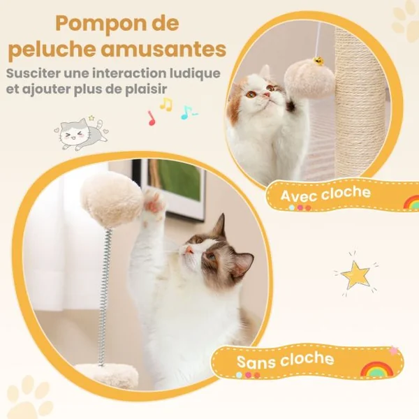 Arbre à Chat 2 Niveaux avec Hamac Doux Lit Douillet en Peluche Balles Suspendues Boule à Ressort Poteau à Griffer en Sisal Auto-brosseur