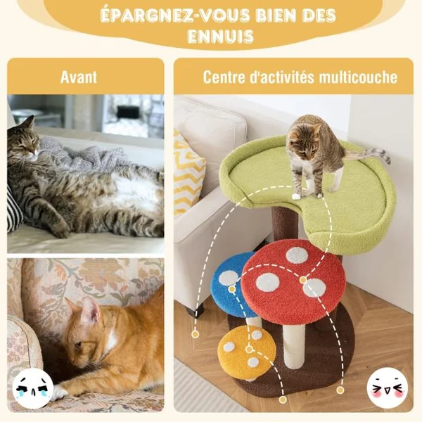 Arbre à Chat 3 en 1 Tour à Chat 5 Niveaux 3 Poteaux Entièrement Enveloppés de Sisal Tapis et Plates-formes Amovibles Motifs Champignons Coloré