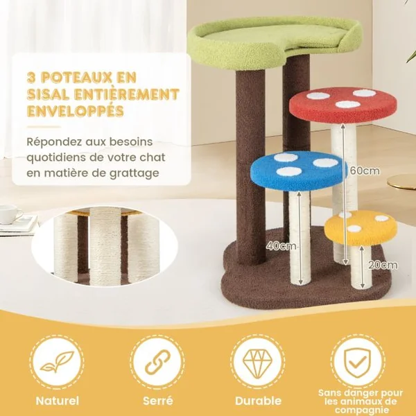 Arbre à Chat 3 en 1 Tour à Chat 5 Niveaux 3 Poteaux Entièrement Enveloppés de Sisal Tapis et Plates-formes Amovibles Motifs Champignons Coloré