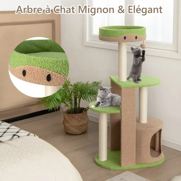 Arbre à Chat 5 Niveaux de 111 CM avec Griffoirs en Sisal et Niche Tour à Chat multicouche avec Boule de Peluche Marron