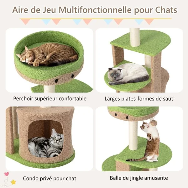 Arbre à Chat 5 Niveaux de 111 CM avec Griffoirs en Sisal et Niche Tour à Chat multicouche avec Boule de Peluche Marron