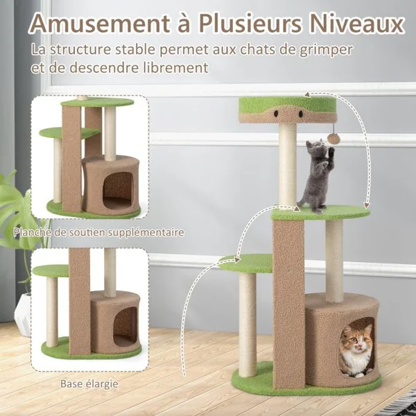 Arbre à Chat 5 Niveaux de 111 CM avec Griffoirs en Sisal et Niche Tour à Chat multicouche avec Boule de Peluche Marron