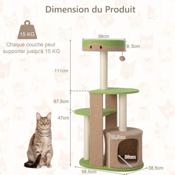 Arbre à Chat 5 Niveaux de 111 CM avec Griffoirs en Sisal et Niche Tour à Chat multicouche avec Boule de Peluche Marron